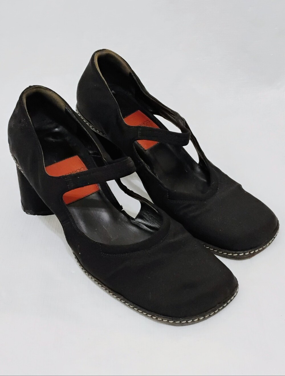 Women's Goffredo Fantini Black Square Toe Block Satin Heels Size EU 36/US 5.5